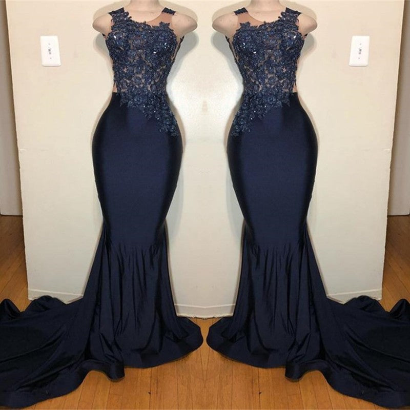 Dark Blue Appliques Mermaid Prom Dress Sleeveless