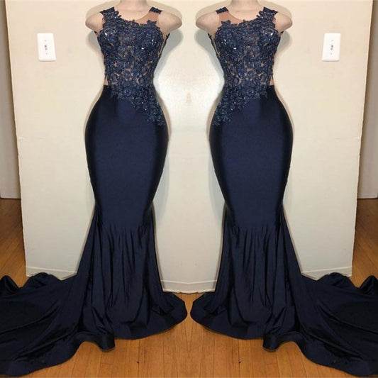 Dark Blue Appliques Mermaid Prom Dress Sleeveless