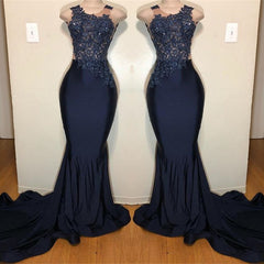 Dark Blue Appliques Mermaid Prom Dress Sleeveless