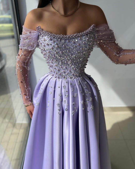 Beautiful Lilac Off-the-Shoulder Long Sleeves Prom Dresses Long With Beads Pearls