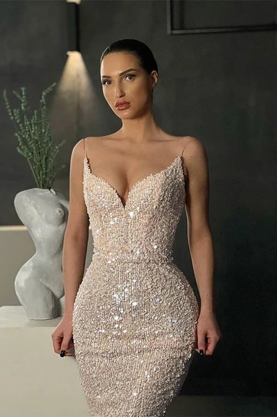 Candy Pink Spaghetti Straps Mermaid Prom Dress with Sequins