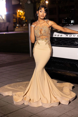 Elegant Champagne Sleeveless Mermaid Evening Dress with Appliques