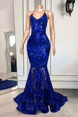Fabulous Royal Blue Spaghetti-Straps Sequins Prom Dress Mermaid Sleeveless