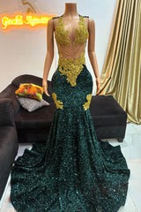 Modern Dark Green Mermaid Sequins Prom Dress Sleeveless With Gold Beads