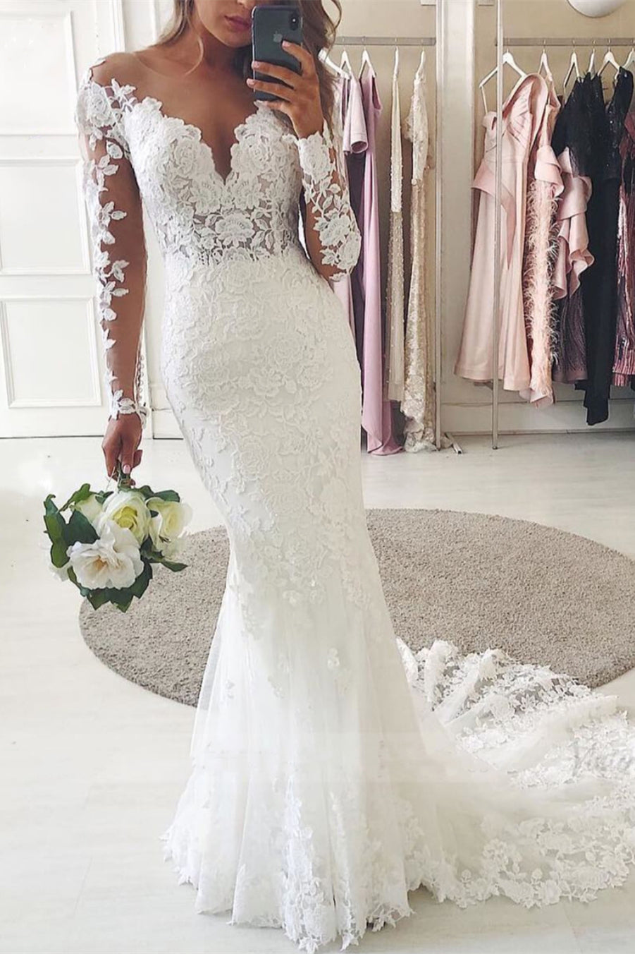 Lace Mermaid Wedding Dress with Long Sweetheart Sleeves