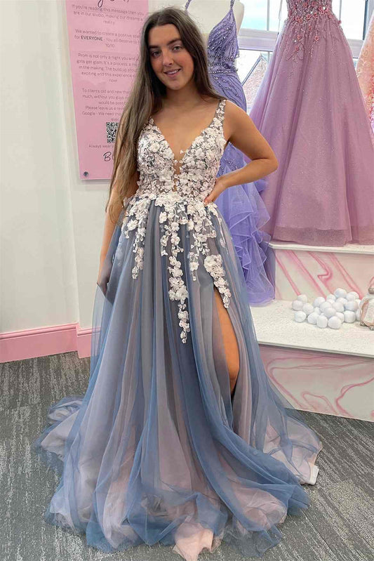 Gorgeous V-Neck Sleeveless A-line Prom Dress Appliques With Split