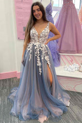 Gorgeous V-Neck Sleeveless A-line Prom Dress Appliques With Split