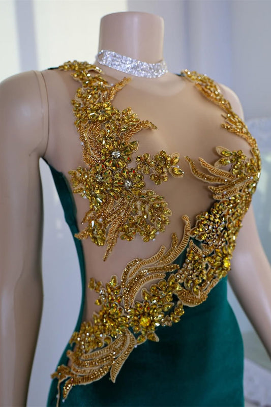 Modern Dark Green Sleeveless Mermaid Prom Dress Scoop With Gold Beadings