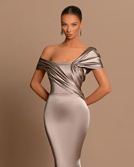 Grey Evening Dress Off-the-Shoulder Bateau Pleated Gown