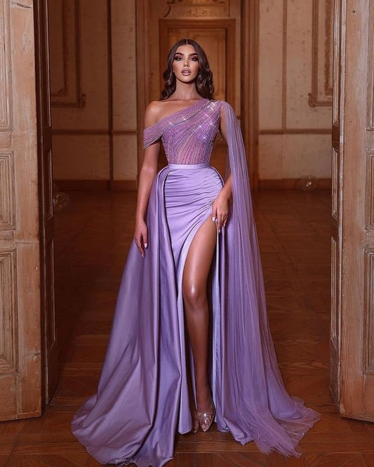 Gorgeous Lilac One Shoulder Mermaid Prom Dress Slit Tulle Long Ruffles With Beadings