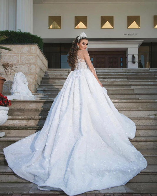 Elegant Long Sweetheart Ball Gown Wedding Dress with Beaded Sleeves