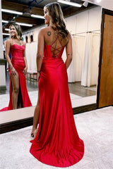 High Slit Long Evening Dress With Pleated Spaghetti Strap