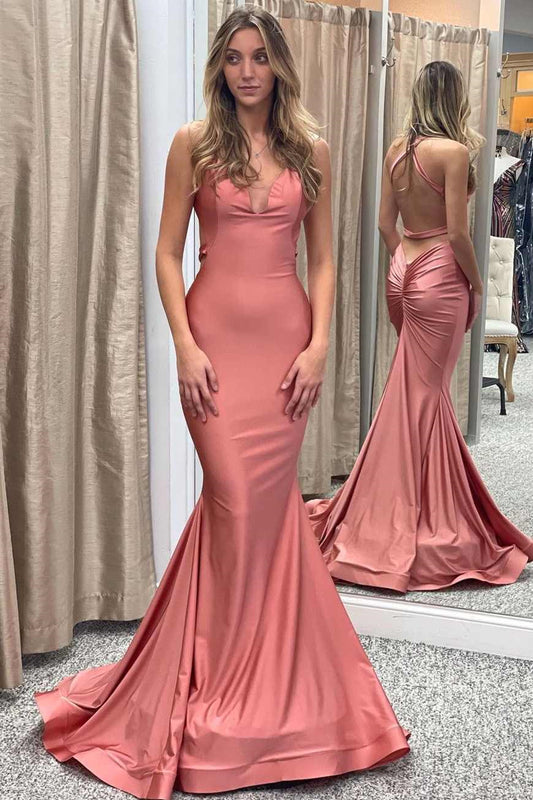 Stunning Halter Sleeveless Mermaid Prom Dresses Dusty Pink V-Neck Online