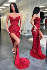 Modern Burgundy Sweetheart Sequins Prom Dress Mermaid Long With Slit
