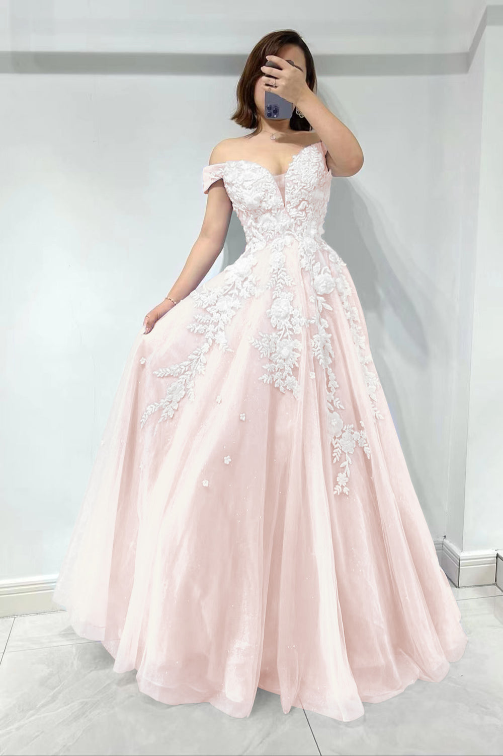 Amazing Lilac Sweetheart Off-the-Shoulder Tulle Evening Dress with Appliques