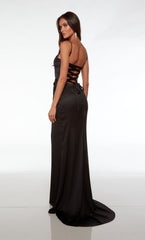 Black Prom Dress Long Plunging Neckline Straight Spaghetti Strap With High Slit