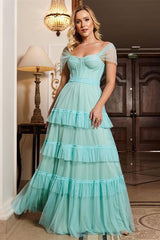 Gorgeous Cap Sleeves Sweetheart Long Prom Dresses Layered Tulle Party Gowns