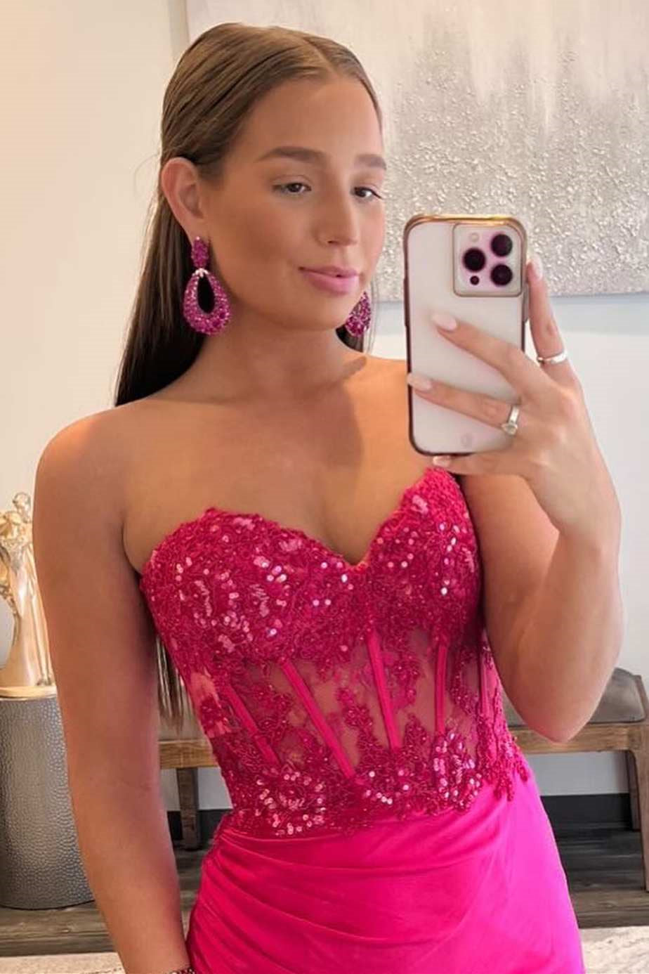 Fuchsia Sweetheart Prom Dress Mermaid Split Long With Lace Appliques