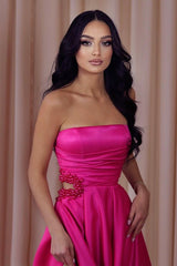 Stunning Fuchsia Strapless Prom Dresses A-Line Slit With Pearls