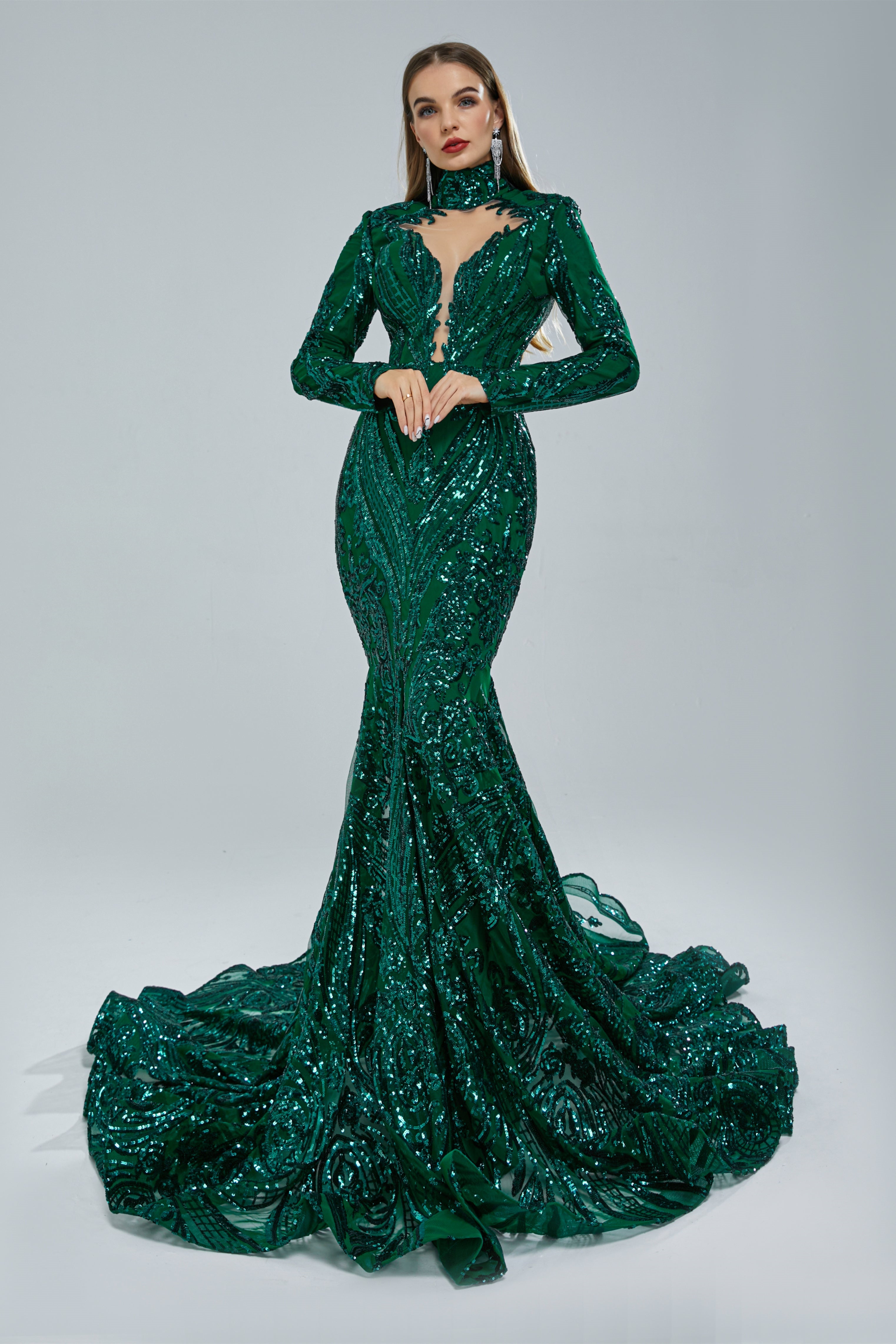 Gorgeous Long Sleeves Emerald Green Prom Dress Mermaid Sequins Long
