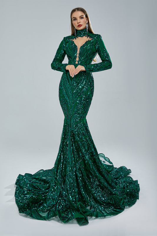 Gorgeous Long Sleeves Emerald Green Prom Dress Mermaid Sequins Long