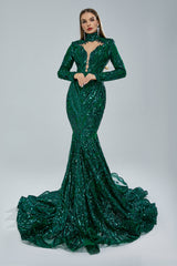 Gorgeous Long Sleeves Emerald Green Prom Dress Mermaid Sequins Long