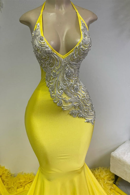 Modern Lemon Yellow Halter Sleeveless Prom Dress Mermaid V-Neck With Feather