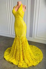 Charming Lemon Yellow V-Neck Sleeveless Prom Dress Mermaid Lace Sequins Long