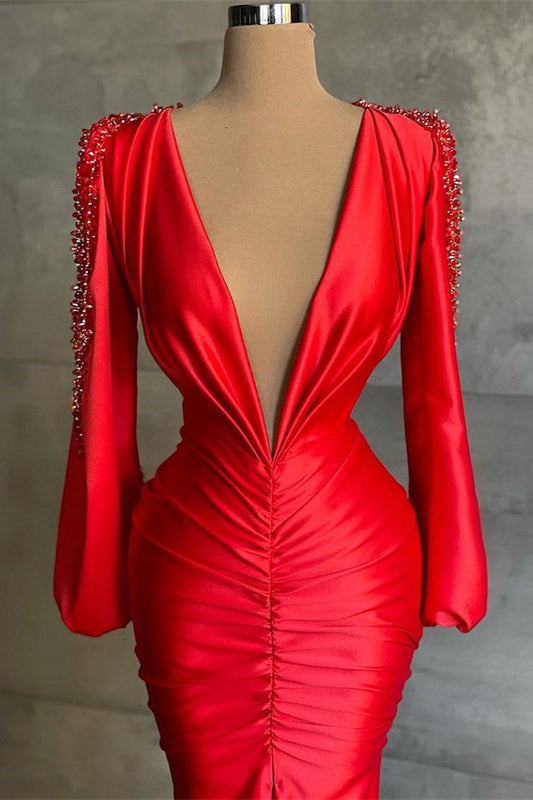 Deep V-Neck Red Mermaid Prom Dress Long Sleeves