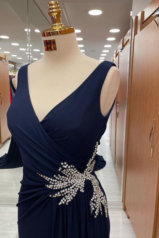 Gorgeous Dark Navy Straps V-Neck Pleated Prom Dress with Rhinestone