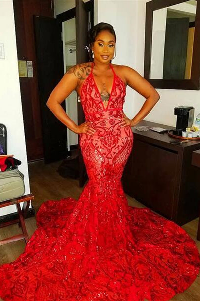 Red Halter Mermaid Prom Dress with Sequins Lace