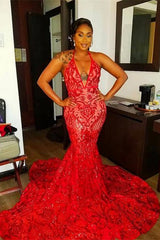 Red Halter Mermaid Prom Dress with Sequins Lace