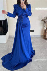 Classy V-Neck Long Sleeves Mermaid Prom Dress Ruffles With Appliques Split