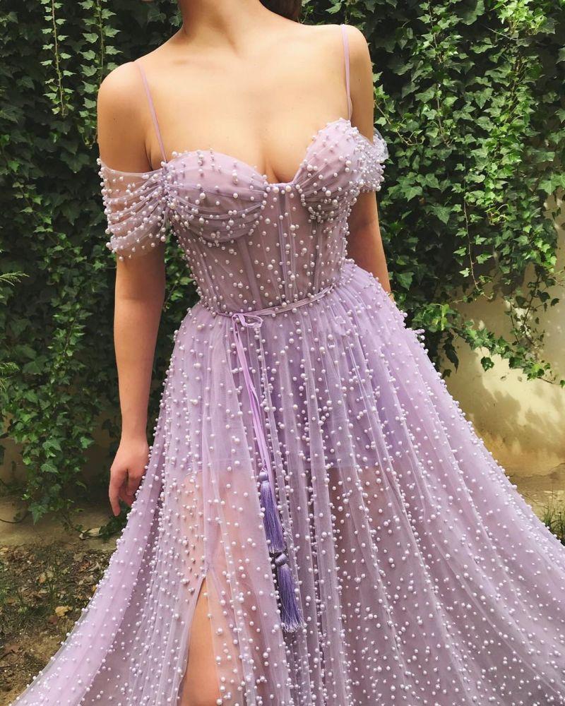 Off-the-Shoulder Beadings Peals Prom Dress With Slit