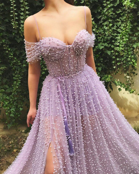 Off-the-Shoulder Beadings Peals Prom Dress With Slit