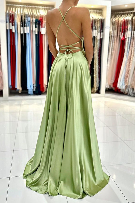 Amazing Sage Green Sleeveless Prom Dress Long Split Spaghetti-Straps