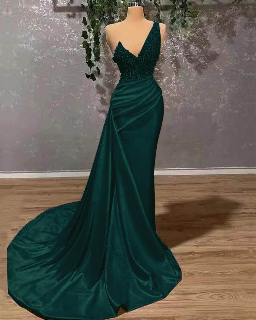 Ivory Elegant One-Shoulder Applique Prom Dress Mermaid with Ruffles