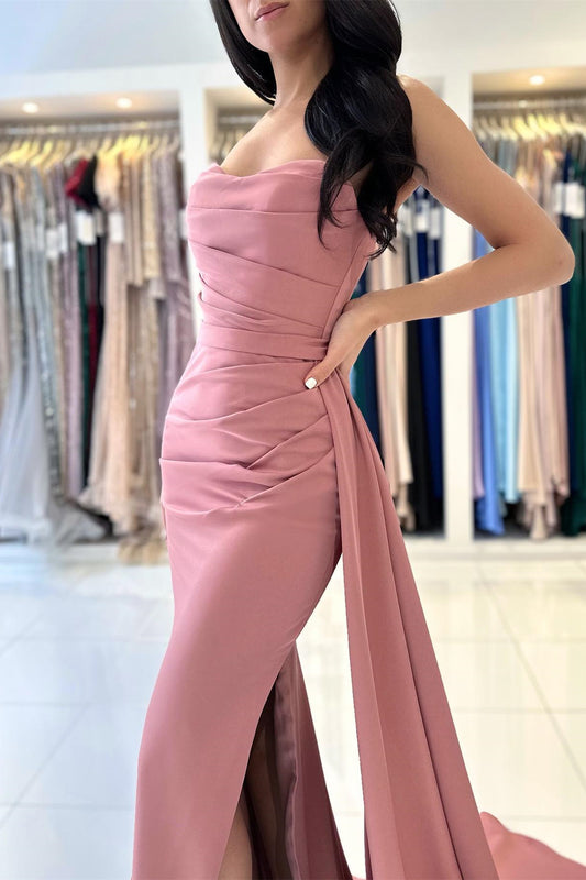 New Arrival Dusty Rose Mermaid Prom Dress Starpless Pleats With Slit