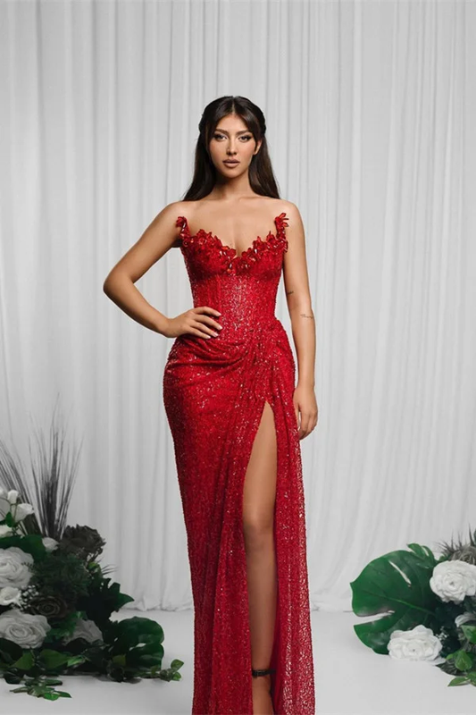 Gorgeous Red V-Neck Sequin Mermaid Prom Dress Sleeveless High Split
