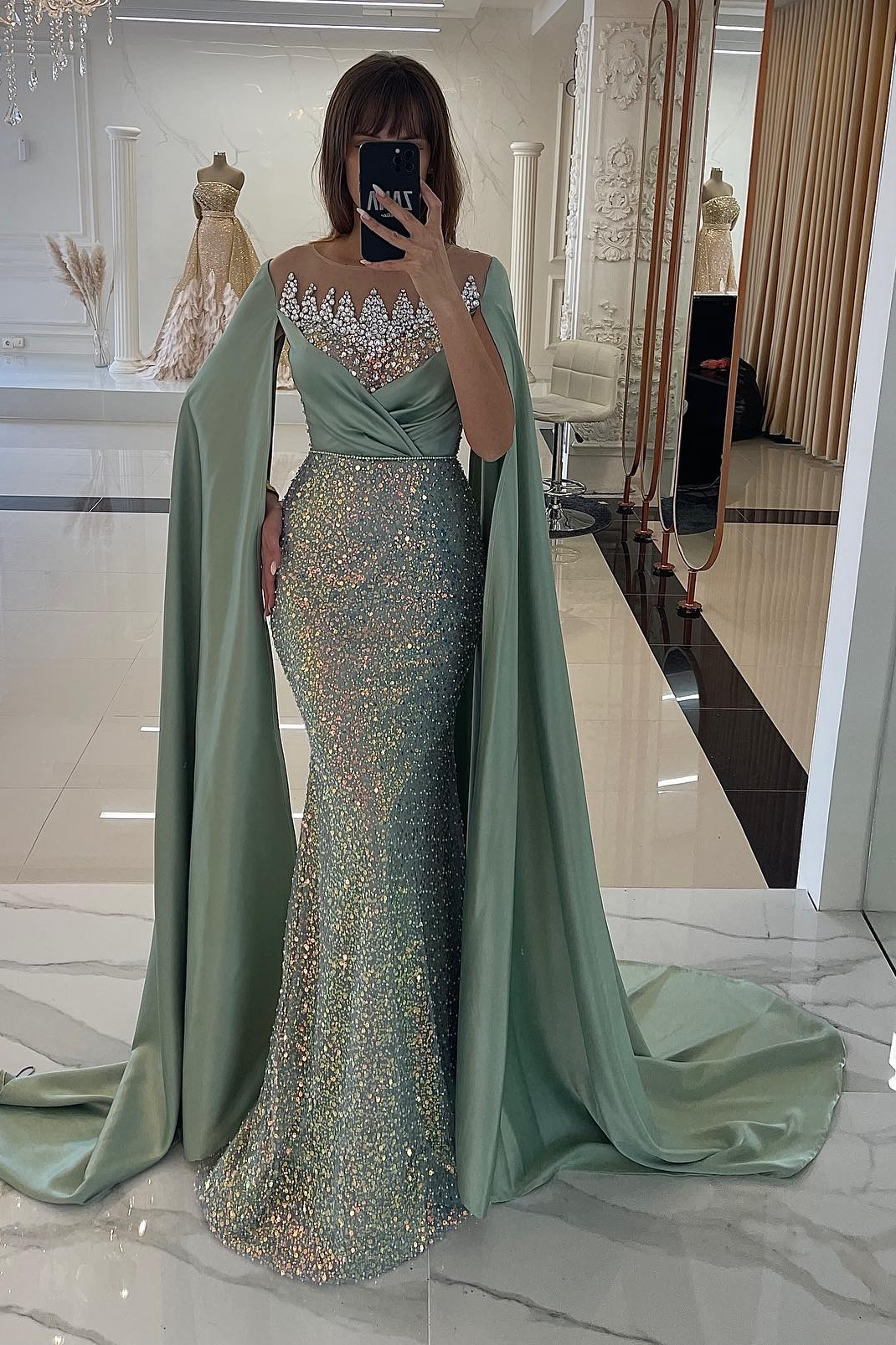 Sleeveless Jewel Beads Sequins Mermaid Watteau Prom Dress YB004