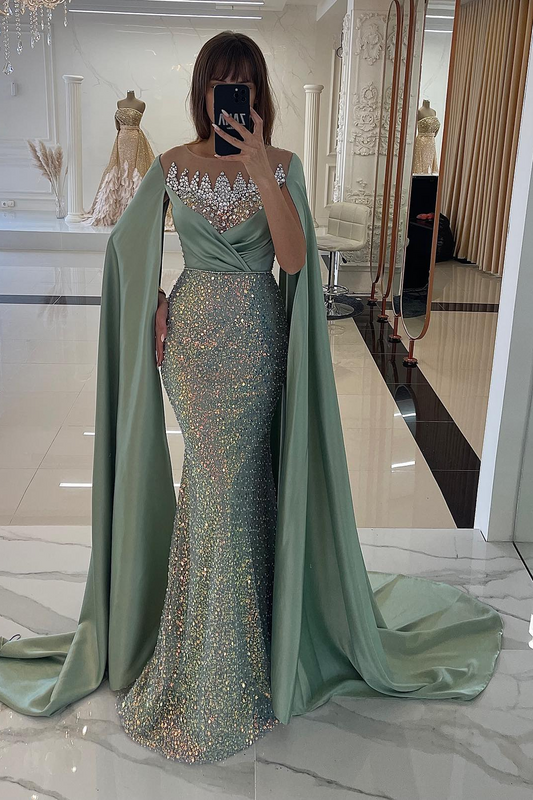 Sleeveless Jewel Beads Sequins Mermaid Watteau Prom Dress YB004