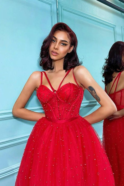 Amazing Red Spaghetti-Straps Pearls Tulle Prom Dress On Sale
