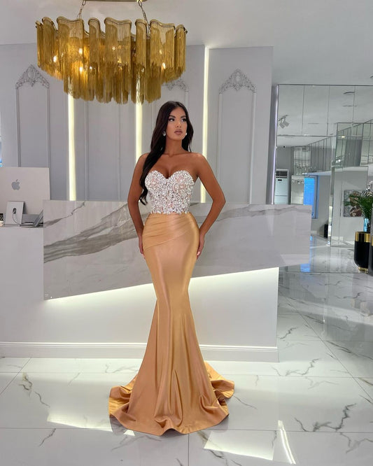 Gold Sequin Mermaid Prom Dress Long Sweetheart Pleated Sleeveless