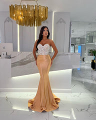 Gold Sequin Mermaid Prom Dress Long Sweetheart Pleated Sleeveless