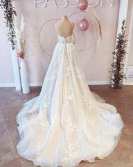 Long A-line Wedding Dress with Elegant V-neck and Spaghetti-Straps in Tulle, Backless Design