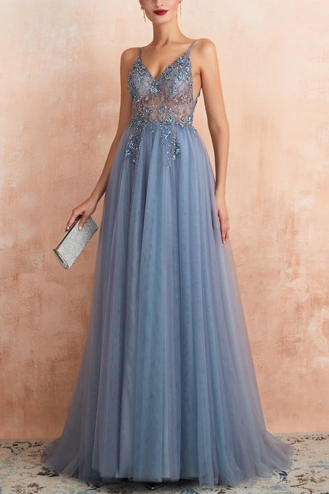 Dusty Blue V-Neck Tulle Prom Dress A Line with Split   