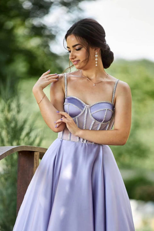 Lilac Spaghetti-Straps Sleeveless Tea Length Evening Dress with Beads