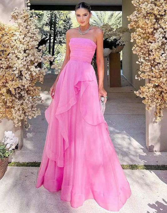 Pink Straight Across Halter Neck A Line Tulle Prom Dress with Ruffle