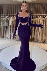 Black Beaded Prom Dress With Gloves Sweetheart Long Sleeve Mermaid