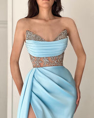 Gorgeous Sky Blue Strapless Beaded Mermaid Prom Dress With Split